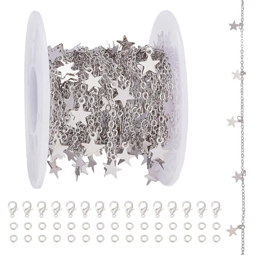 CRAFTYMELODY 5 m Lange Kabelketten Mit Sternanhänger Gliederketten Aus Messing Für Halsketten Mit 15 Karabinerverschlüssen Aus Legierung Und 30 offenen Biegeringen Zur Schmuckherstellung von CRAFTYMELODY