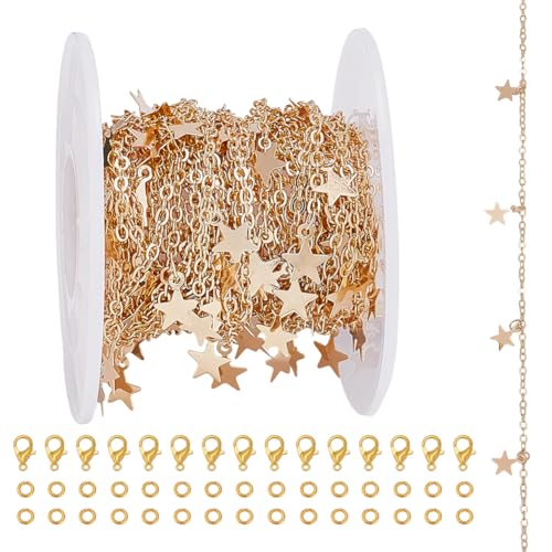 CRAFTYMELODY 5 m Lange Kabelketten Mit Sternanhänger Gliederketten Aus Messing Für Halsketten Mit 15 Karabinerverschlüssen Aus Legierung Und 30 offenen Biegeringen von CRAFTYMELODY