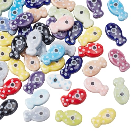 CRAFTYMELODY 50 Stück Porzellan Keramik Fischperlen Bunt Rund Gepunktet Ozean Meer Strand Tierform Bedruckt Lose Abstandsperlen Meereslebewesen Perlen von CRAFTYMELODY