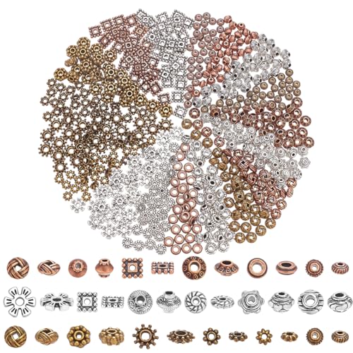 CRAFTYMELODY 540 Stück Abstandsperlen 18 Stile Lose Perlen Aus Legierung Flach Rund Doppelkegel Rondelle Quadratisch Tibetische Perlen Für Armband Halskette von CRAFTYMELODY