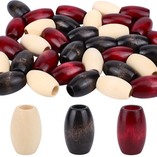 CRAFTYMELODY 60 Stück 3 Farben Ovale Holzperlen Große Loch Holzperlen Schwarz Rot Makramee Lose Holz Natürliche Rohr Holz Fass Perle von CRAFTYMELODY