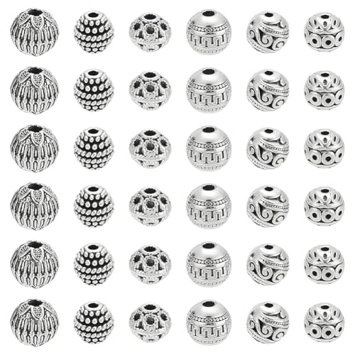 CRAFTYMELODY 60 Stück 6 Stile Antik Silber Runde Spacer Perlen 8/8.5/9/9.5mm Tibetische Legierung Metall Charms Perlen Metall Lose Perlen Geschnitzte von CRAFTYMELODY