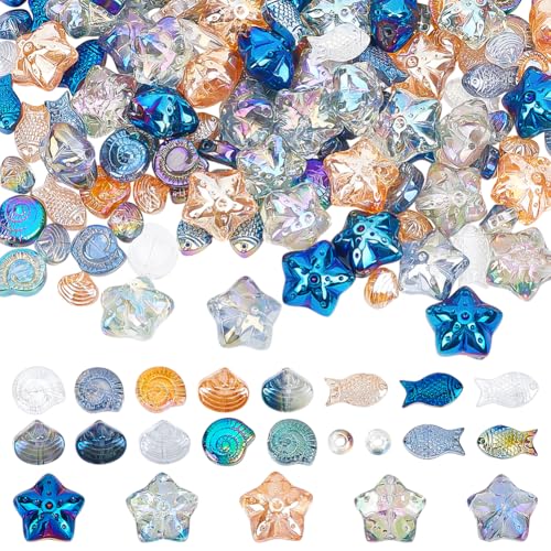 CRAFTYMELODY 600 Stück Ozean Themenperlen 22 Stile Glas Seestern Fisch Muschel Bunt 2mm Rund Abstandsperlen Anhänger Zur Schmuckherstellung von CRAFTYMELODY