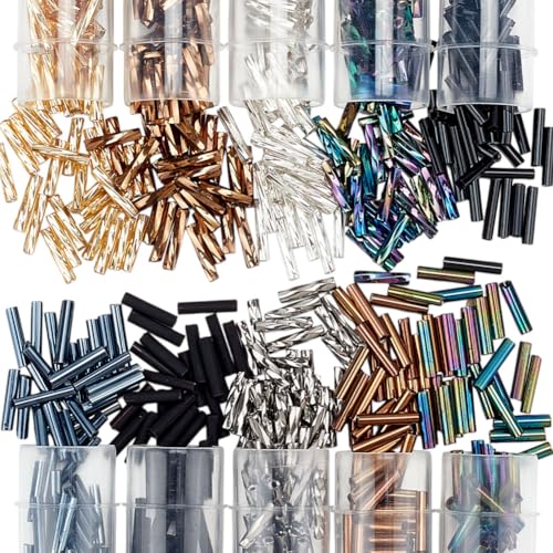 CRAFTYMELODY 620 Stück 10 Farben Lange Röhren Saatperle 9x2mm Glasperlen Metallicfarben Verdrehte Lose Abstandsperlen Schillernde Perlen von CRAFTYMELODY