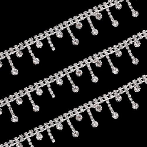 CRAFTYMELODY 72.2 Zoll Strassbesatz Fransen Silber Eisen Strass Kette Strass Band Kette Mit Quaste Perlen Fransen Gürtel von CRAFTYMELODY