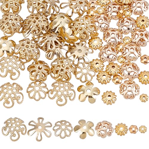 CRAFTYMELODY 80 Stück 18K Gold Blumenperlenkappe 8 Stil Blumenperlen Endkappe Messing Floral Perlen End Spacer Filigran Für Schmuckherstellung DIY Basteln von CRAFTYMELODY