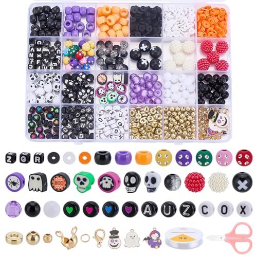 CRAFTYMELODY Armband Bastelset Acryl Halloween Perlen Zum Basteln von Armbändern Gesicht Totenkopf Buchstabenperlen Mit Schere Elastische Kordel Biegeringe Halloween Perlenanhänger von CRAFTYMELODY