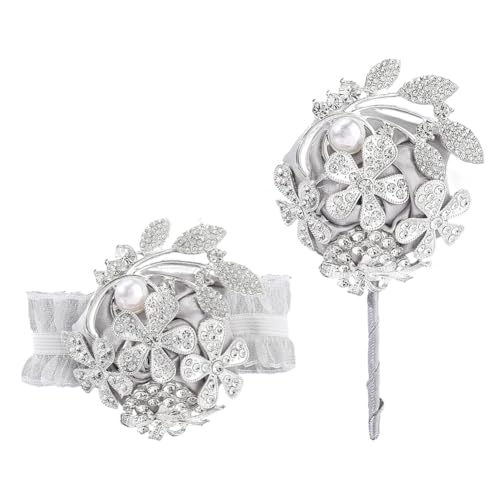 CRAFTYMELODY Künstliche Corsagen Handgelenk Blumen Strass Und Boutonniere Set Anstecknadel Für Männer Oder Bräutigam Kunststoffperlen Handblume Party Dekor von CRAFTYMELODY