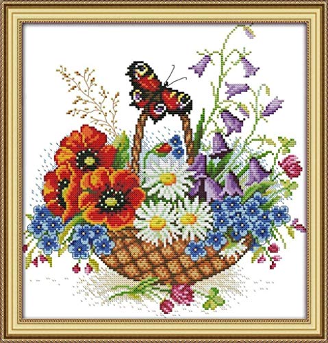 CRAFTiDA Kreuzstich-Set für Erwachsene, Anfänger, Stickset, vorgedruckt, geprägt, Kreuzstich-Set, Blumen, 11 CT (Blumenkorb und Schmetterling) von CRAFTiDA