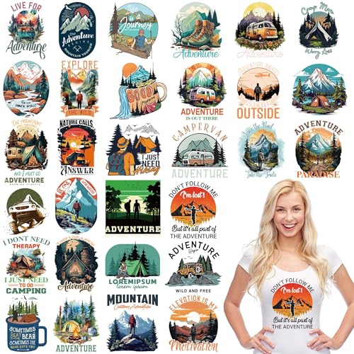 Camping Bügelbilder für T-Shirts, 30 Stück, Abenteuer, Camping, DTF Transfers, bereit zum Drücken, Outdoor-Aufbügeln, Hitze-Vinyl für Leinwand, Tasche, Kleidung, DIY Handwerk Camping Bügelbilder für T-Shirts, 30 Stück, Abenteuer, Camping, DTF Transfers, bereit zum Drücken, Outdoor-Aufbügeln, Hitze-Vinyl für Leinwand, Tasche, Kleidung, DIY Handwerk von CRASHOT