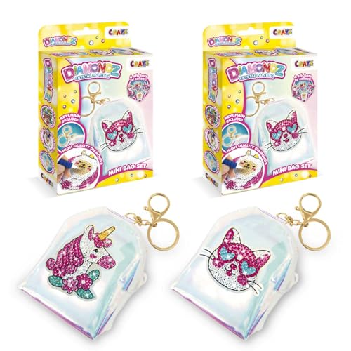 DIAMONDZ CRYSTAL PAINTING Mini Bag Set 2er Pack - Diamond Painting Mädchen Set Katze & Einhorn, Mini-Rucksack Schlüsselanhänger mit Diamantaufkleber, DIY Diamant Malerei Kinder Bastelset von DIAMONDZ CRYSTAL PAINTING