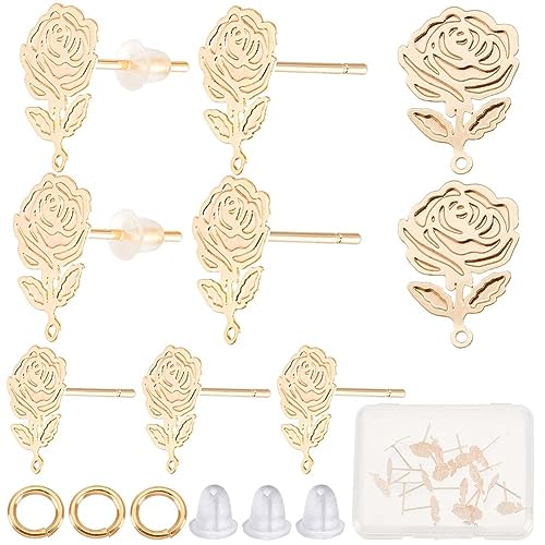 CREATCABIN 1 Box 30 Stück Echte 18K-Vergoldete Messing-Rosenblüten-Ohrringe Mit Ösen-Ohrring-Verbindungsstück Mit 30 Biegeringen Und 100 Ohrmuttern Für Frauen,DIY-Schmuckherstellungszubehör von CREATCABIN