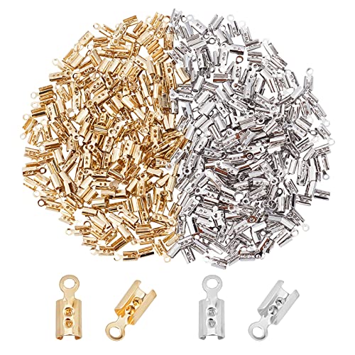 CREATCABIN 1 Box 400Pcs 2 Farbe Faltende Crimpenden Umfalten Kordel Crimpspitzen 3mm Lederband Klemmverschluss Messing Terminatoren Schmucksuche Kit DIY Armbänder Anhänger Halsketten Platingold Machen von CREATCABIN