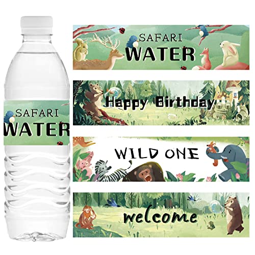 CREATCABIN 100 Stück 4 Stile Safari Wildlife Park Wasserflaschenetiketten Wild One Dekorationen Dschungeltier Wasserfeste Trinkflaschenaufkleber Für Dusche Geschlechtsoffenbarung Geburtstagsfeier von CREATCABIN