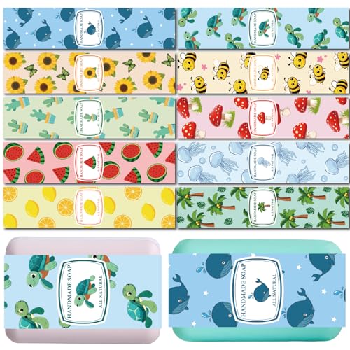 CREATCABIN 100 Stück Seifenverpackung 10 Stile Frühlings Sommer Kunstseifenpapier Wickelband Sonnenblume Schildkröte Vertikale Seifenanhänger Hüllen Abdeckungen Bandetiketten Für Handgemachte 5x21cm von CREATCABIN