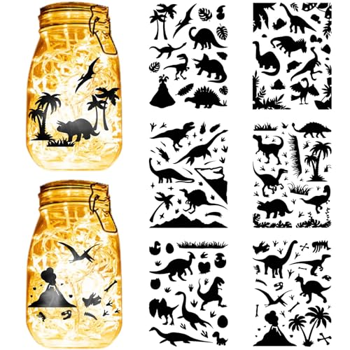 CREATCABIN 6Pcs,Dinosaurier-Aufkleber Für Einmachgläser,Stanzungen,Silhouetten,Selbstklebend,PVC,Wasserfest,Für Bastelarbeiten,Scrapbooks,Laternen,Gläser,Wände,Fenster,Glas,Schwarz,20x15cm von CREATCABIN
