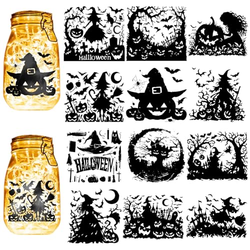 CREATCABIN 12 x Halloween-Silhouetten, Einmachglas-Dekoration, Hexe, Fledermaus, lasergeschnittener Karton, Scrapbooking, Stanzformen, PVC-Dekoration für Bastelarbeiten, Laternen, Gläser, Wand, CREATCABIN 12 x Halloween-Silhouetten, Einmachglas-Dekoration, Hexe, Fledermaus, lasergeschnittener Karton, Scrapbooking, Stanzformen, PVC-Dekoration für Bastelarbeiten, Laternen, Gläser, Wand, von CREATCABIN