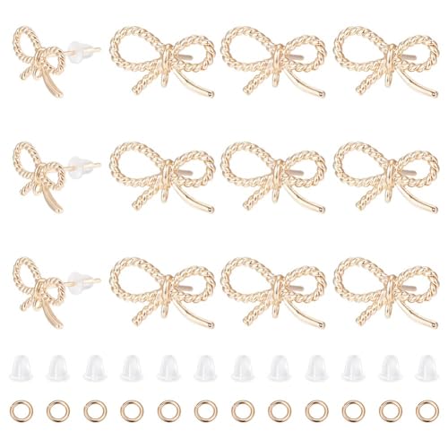 CREATCABIN 16 Stück/Box 18 Karat Gold Messing Bowknot Ohrstecker Findet Twist Seil Ohrringpfosten mit vertikalen Ringen Kunststoff Ohrmuttern Schmuckherstellung Handwerk DIY Alltagskleidung Geschenk von CREATCABIN