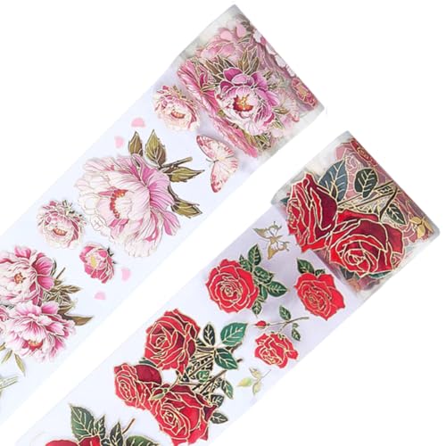 CREATCABIN 2 Rolle 4x6cm Florales PET Klebeband Dekoratives Klebeband Mit Rosenblüten Bunt Ästhetisch Breit Transparent Planer Klebeaufkleber Für DIY Tagebuch Fotoalbum Tagebuch Scrapbook Dekoration von CREATCABIN