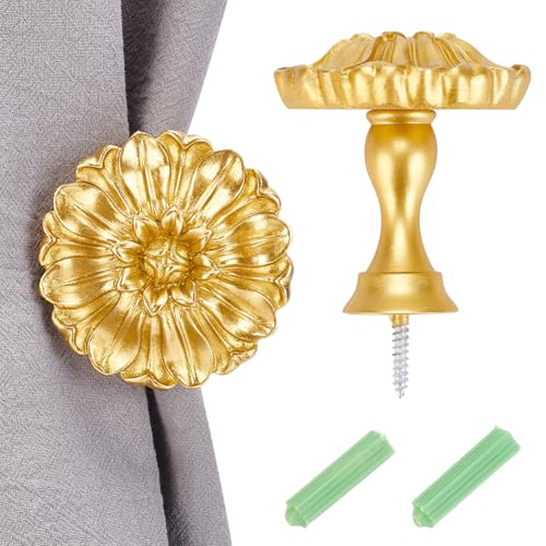 CREATCABIN 2 Stück Vorhanghalter Vintage Golden Wandmontage Blumenmuster Vorhanghalter Blütenquastenhalter Innenfenster Hardware Vorhangzubehör Für Zuhause Küche Schlafzimmer Gänseblümchen 7.5x10.5cm von CREATCABIN