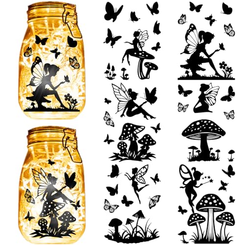 CREATCABIN 24 Blatt,6 Stile,Feen-Engel,Einmachglas-Aufkleber,Pilz-Schmetterlings-Aufkleber,Stanzungen,Silhouetten,Selbstklebend,PVC,Wasserfest,Für Bastelarbeiten,Scrapbooks,Laternen,Gläser,20x15cm von CREATCABIN
