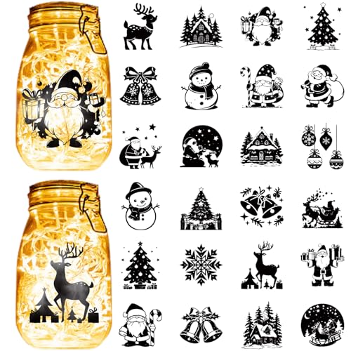 CREATCABIN 24 Stück Weihnachts Silhouetten Aufkleber Für Einmachgläser Dekoration PVC Aufkleber Für Laternengläser Scrapbook Silhouetten Ornamente Selbstklebend Wasserfest Für Leichte Schwarz 10x9cm von CREATCABIN