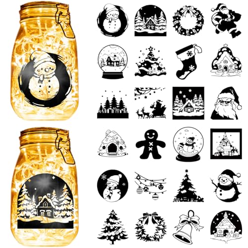 CREATCABIN 24 Weihnachts Silhouetten Aufkleber Für Einmachgläser Ausschnitte Aufkleber Weihnachtsmann Schneemann Scrapbook Wasserdichtes PVC Laternenglas Dekoration Für Wand Fenster Milchglas 9x10cm von CREATCABIN