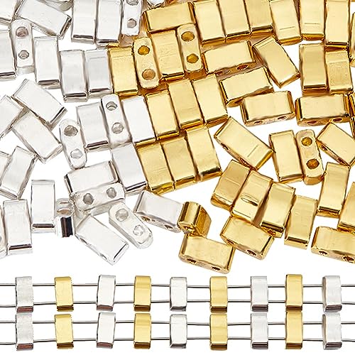 CREATCABIN 240 Stück 2-Loch-Halb-Tila-Perlen,2 Farben,Glasperlen,Quadratisch,Rechteckig,Mini,Undurchsichtig,Mit Kunststoffbehälter,Metallische Für Die Herstellung Armbändern,Silbergold,5x2mm von CREATCABIN