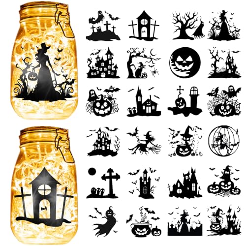 CREATCABIN 24Stück Halloween Silhouetten Aufkleber Für Einmachgläser Dekor PVC Glas Ausschnitt Aufkleber Laternenglas Scrapbook Silhouette Ornamente Selbstklebend Für Leichte Hängelampe Schwarz 10x9cm von CREATCABIN