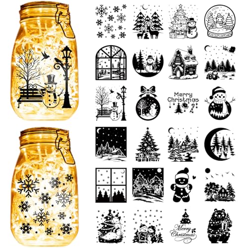 CREATCABIN 24Stück Silhouette Glasaufkleber Weihnachts Einmachglas Aufkleber PVC Weihnachtsbaum Schneeflocke Schneemann Schwarze Stanz Aufkleber Für DIY Scrapbook Laternengläser Windows Basteln 10x9cm von CREATCABIN