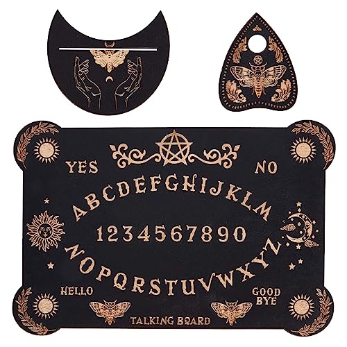 CREATCABIN 3Pcs Wooden Spirit Board Kit Tarot Card Stand Holder Moth Divination Board Set with Planchette Black Altar Card Display Stand Rectangle Talking Board for Witch Board Divination Tools von CREATCABIN