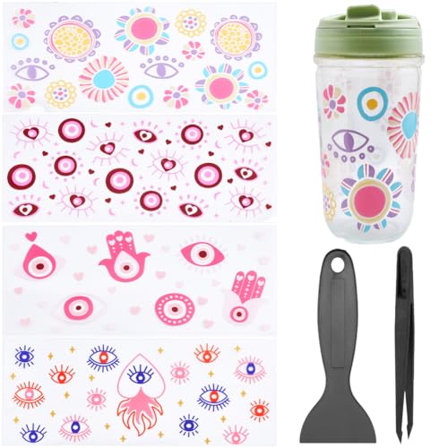 CREATCABIN 4 Stück,4 Stile,UUV DTF Cup Wraps Transferaufkleber Für Glas,Roter Böser Blick,Wasserfest,Abziehbilder Zum Aufreiben,Dekorativ Für Trinkgläser,DIY-Bastelmöbel,23x11cm von CREATCABIN