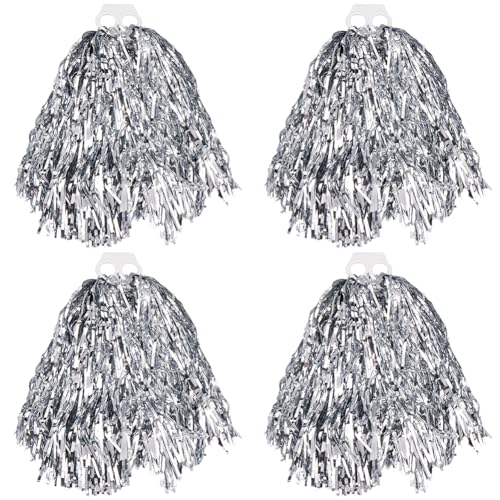 CREATCABIN 4 Stück Cheerleading Poms Cheerleader Pompons Metallic Folien Poms Mit Schlagstockgriff Für Sport Teamgeist Jubel Party Tanz Bühnenauftritt Feier Sportspiel 36x36cm von CREATCABIN