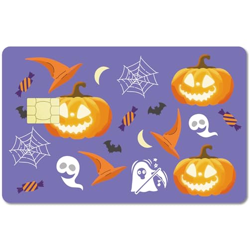 CREATCABIN 4 Stück Halloween-Kartenaufkleber,Kürbis,Geister,Fledermaus,Debit-Kreditkarten-Skins,Personalisierbar,Schützend,Abnehmbar,Wasserfest,Schlank,Keine Blasen Für Bankkarten,7.3x5.4,(1) cm,Lila von CREATCABIN