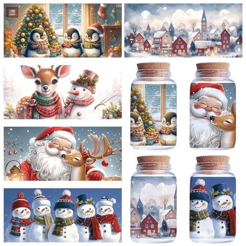 CREATCABIN 5 Blatt Weihnachts Transferaufkleber Für Glasbecher Weihnachtsmann Schneemann Rubbel Transferaufkleber UV DTF Cup Wrap Transferaufkleber PVC Wasserdichte Aufkleber Für Basteln Möbel 24x11cm von CREATCABIN