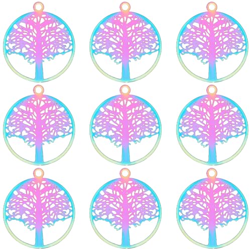 CREATCABIN 50 Stück Lebensbaum-Charms-Anhänger,Flach,Rund,Hohl,Regenbogen-Charms,Geätzte Metallverzierungen,Edelstahl,Filigran Für Schmuckherstellung,Bastelbedarf,Halsketten,Ohrringe von CREATCABIN