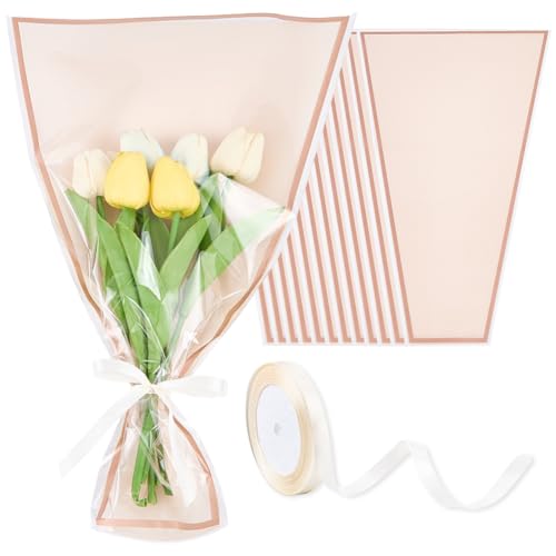 CREATCABIN 50 Stück Rosa Blumentüten Für Blumensträuße Blumenstrauß Geschenkpapier Transparente Vorderseite Blumenverpackungen Blumensträuße Hüllen Band Kunststoffverpackungszubehör Für Valentinstag von CREATCABIN