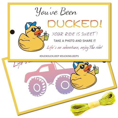 CREATCABIN 50 Stück You'Ve been Ducked-Karten,Entenanhänger,Karte,Ente,Ente,Jeep,Anhänger,Ente,DIY,Jeep-Ente,Karte Für Gummiente,Jeeps,Auto,Jeeps,Dekoration,Geschenke,Gelb,8.75x5cm-Ihre Fahrt Ist Süß von CREATCABIN