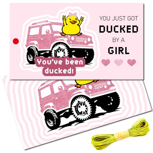 CREATCABIN 50 Stück rosa Entenkarten Entenkarten Papier You Just Got Ducked by Female Grußanhänger mit Loch, 9,1 m, Jute-Schnur für gelbe Gummienten, Jeep-Autos, DIY-Dekorationen, 8,6 x 5,1 cm von CREATCABIN