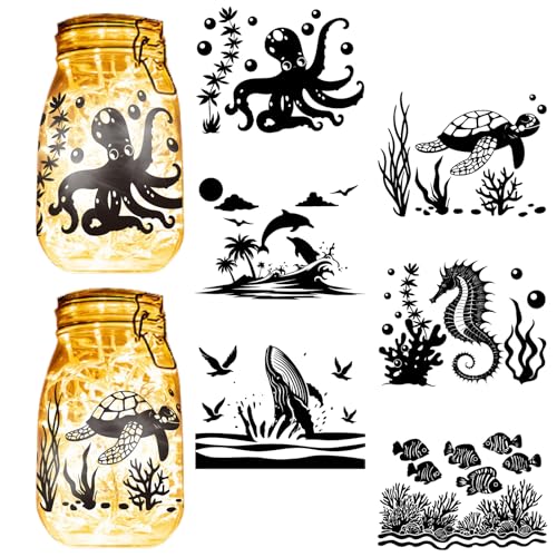 CREATCABIN 6 Stück Meeres Einmachglas Silhouetten Ausschnitt Aufkleber Dekoration Muttertag Display Dekoration Scrapbooking Ausschnitt Aufkleber Für Weihnachten Halloween Wand Fenster Glas 20x15cm von CREATCABIN