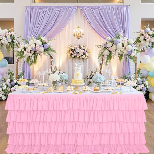 CREATCABIN 6FT Tischrock Rosa Tischröcke Tüll Schreibtischröcke Rechteckige Tische Schreibtischrock Rüschen Tischdecke Abdeckung Dekorationen Polyester Mit Klebeband Für Geburtstag Hochzeit Party von CREATCABIN