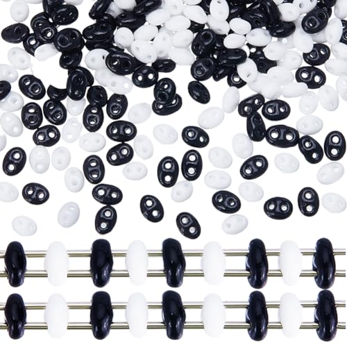 CREATCABIN 80G 2-Loch-Tila-Perlen In 2 Farben,Tschechische Glasperlen,Lose Ovale,Kleine,Undurchsichtige Glasperlen Mit Kunststoffbehälter Zum Basteln von Armbändern,Halsketten,Schwarz,Weiß,5mm von CREATCABIN