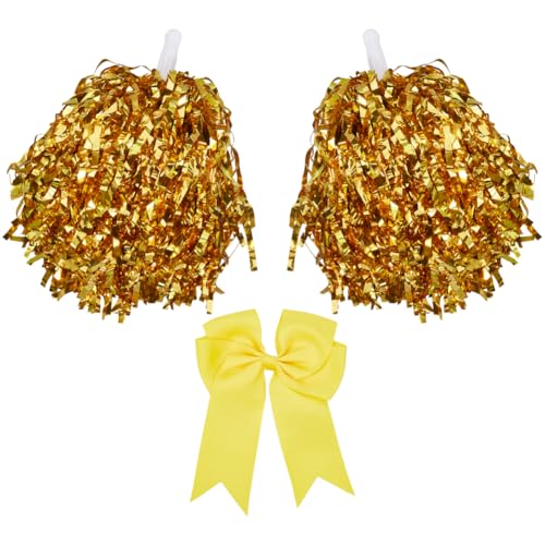 CREATCABIN Cheerleading Pompons Große Cheerleader Haarschleife Metallischen Folienpompons Anfeuern Für Sportveranstaltungen Cheerleading Team Tanzen Rooters Zubehör Erwachsene Team Fußball Gelb von CREATCABIN
