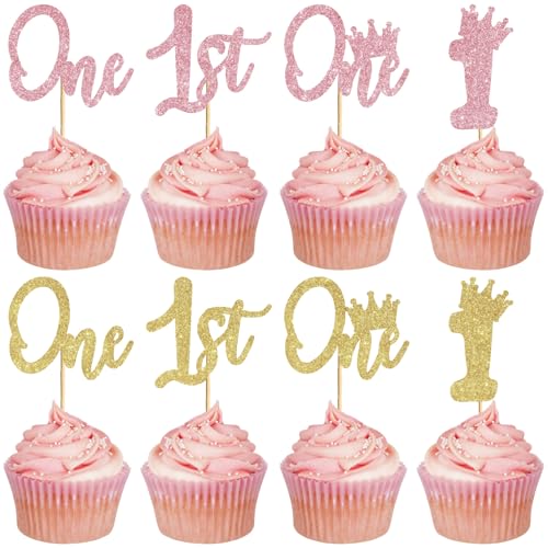 CREATCABIN Cupcake-Aufsätze für den 1. Geburtstag, glitzernd, für den ersten Geburtstag, Cupcake-Picks für die Dusche, 1. Geburtstag, Party, Kuchen, Gold, für Dusche, 1. Geburtstag, Themen-Dekoration von CREATCABIN