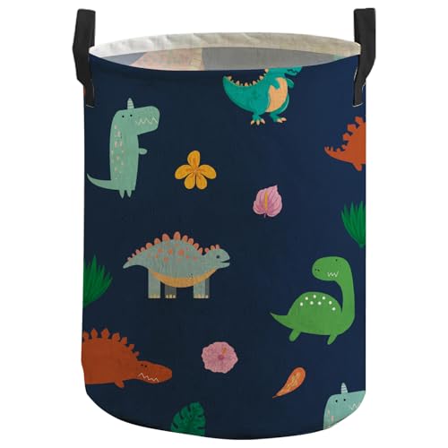 CREATCABIN Dinosaurier Wäschekorb Mit Seilgriffen Faltbar Wasserdicht Aufbewahrungskorb Tragbarer Canvas Korb Für Wohnzimmer Schlafzimmer Dekoration Kleidung Puppen Spielzeug Decken Handtücher 34x42cm von CREATCABIN