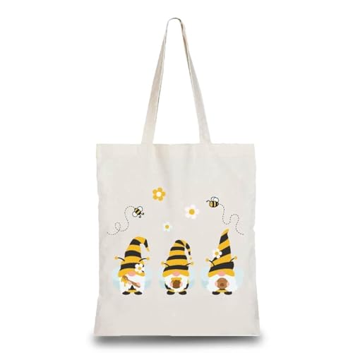 CREATCABIN GNOME Bee Baumwoll-Einkaufstasche Canvas 100% Baumwolle Wiederverwendbare Strandtasche Sommer Umweltfreundlich Ästhetisch DIY Handwerk Multifunktional Für Frauen Geschenke Alltag 34x38cm von CREATCABIN