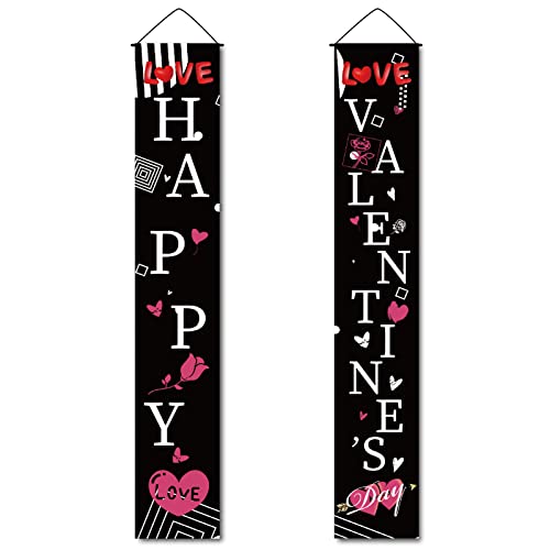 CREATCABIN Happy Valentine's Day Porch Sign Love Heart Hanging Banner Wall Decor Romantic Flags Welcome Banner for Holiday Home Garden Party Decor 11.8 x 70.8(5) cm (Schwarz) von CREATCABIN