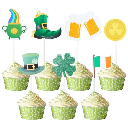 CREATCABIN Kuchendekoration St. Patrick's Day, Motiv: St. Patrick's Day, vierblättriges Kleeblatt, Kuchendekoration, grüner Hut zum Feiern von Cupcake-Kuchendekorationen, 7 Stück von CREATCABIN