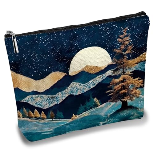 CREATCABIN Make Up Taschen Kosmetiktasche Aus Segeltuch Berge Mond Sterne See Mehrzweck Federmäppchen Mit Metallreißverschluss Kulturbeutel Reisegeldbörse Beutel Tragbar Wasserdicht Für Frauen 25x18cm von CREATCABIN