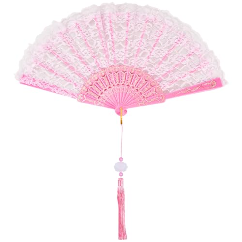 CREATCABIN Rosa Faltfächer Spitze Line Dance Popping Fan Lolita Bestickter Faltfächer Klack Fächer Für Tanzaufführungen Party Hochzeitsdekor Teeparty Fächer Tragbarer Kühlender Handfächer 247x455x20mm von CREATCABIN